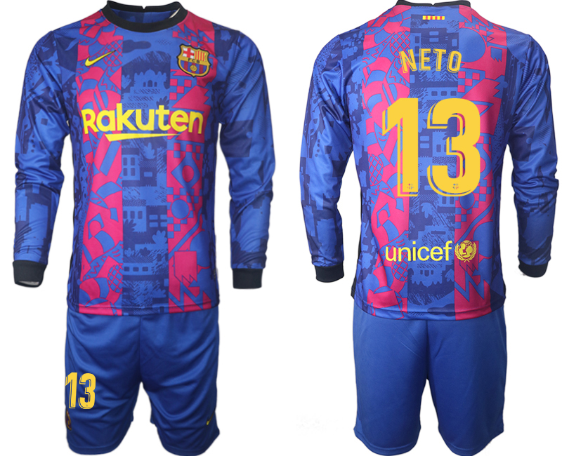 Men 2021-2022 Club Barcelona Second away blue Long Sleeve #13 Soccer Jersey->barcelona jersey->Soccer Club Jersey